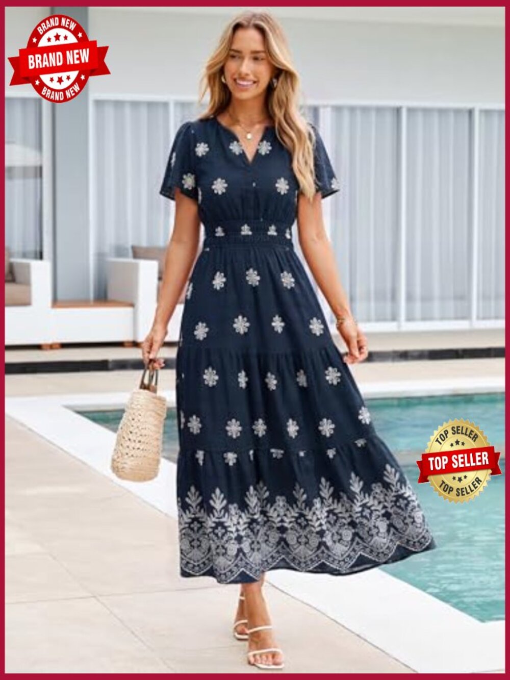 Boho Floral Maxi Dress V-Neck Short Sleeve Tiered Flowy Wedding Guest - Picture 2 of 7